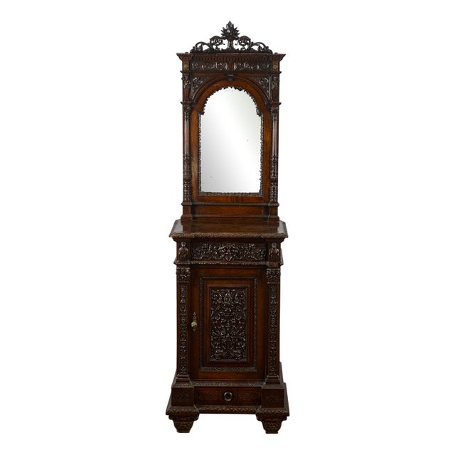 Carved Walnut Bedside Table with Foldaway Kneeler from Giuseppe Sellerio Milano, Late 19th Century For Sale