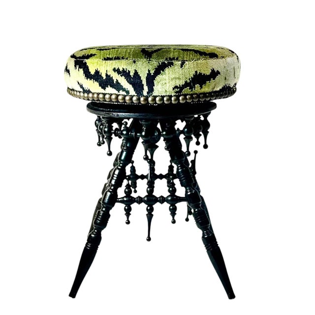 Victorian Mid 19th Century Victorian Black Wood Stool Upholstered in Scalamandré Tiger Velvet For Sale - Image 3 of 8