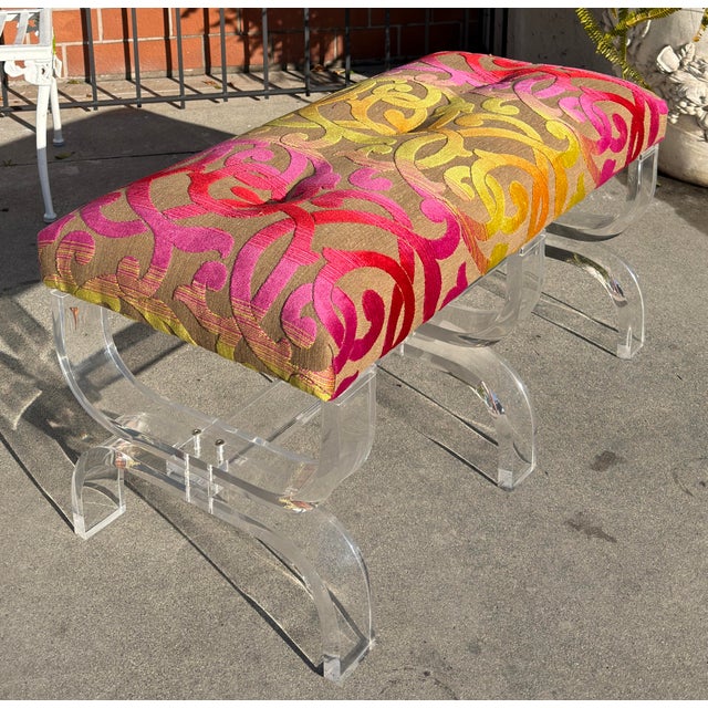 The House of Scalamandre Scalamandre Cut Velvet Upholstered Phyllis Morris Lucite Bench For Sale - Image 4 of 7