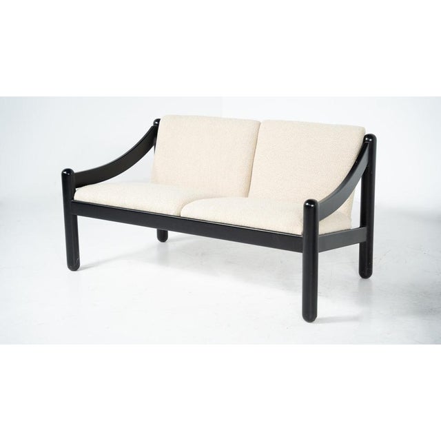 Vico Magistretti Set of Mid-Century Modern Carimate 2-Seater Sofas in Lacquered Wood and Bouclé Sofa attributed to Vico Magistretti, 1970 For Sale - Image 4 of 13