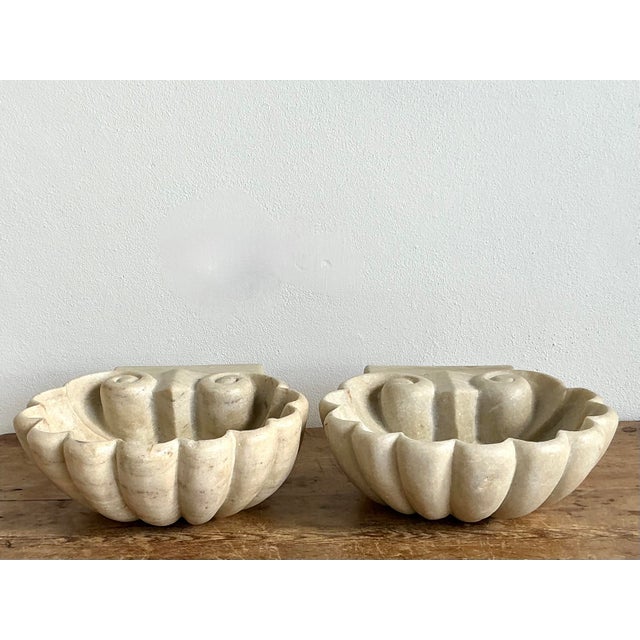 Cream Vintage Boho Carved Stone Clam Shell Fonts - A Pair. X. For Sale - Image 8 of 8