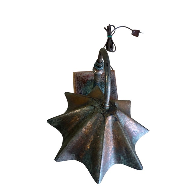 Antique Arts Crafts Copper Desk Lamp Clay Tile Base Ruffle Clam Shell Shade For Sale - Image 12 of 12
