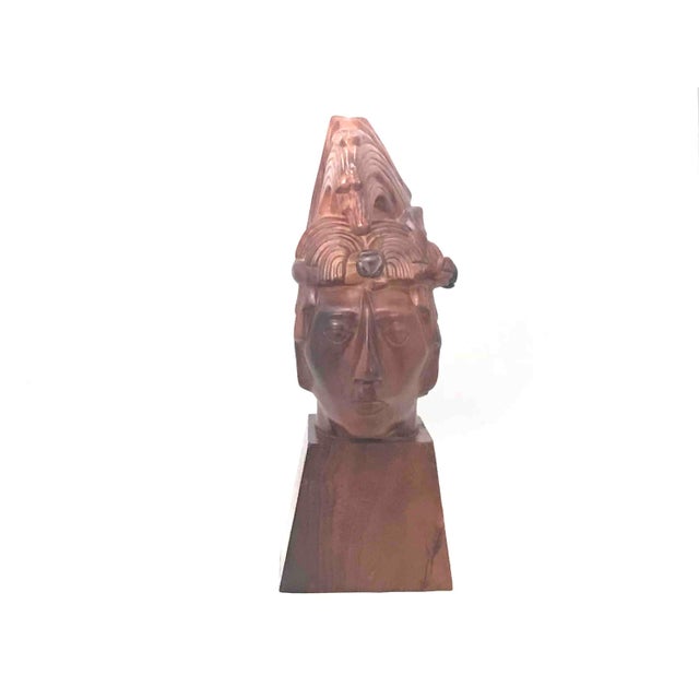 Wood carved Aztec Indian Head Bust by modernist Jose Pinal for your consideration. The bust measures approx. 12 1/2 inches...