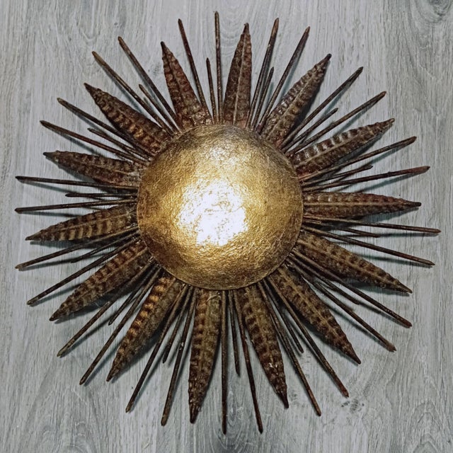 Vintage Gilt Sunburst Wall Light with Textured Dome, 1950s For Sale - Image 12 of 14