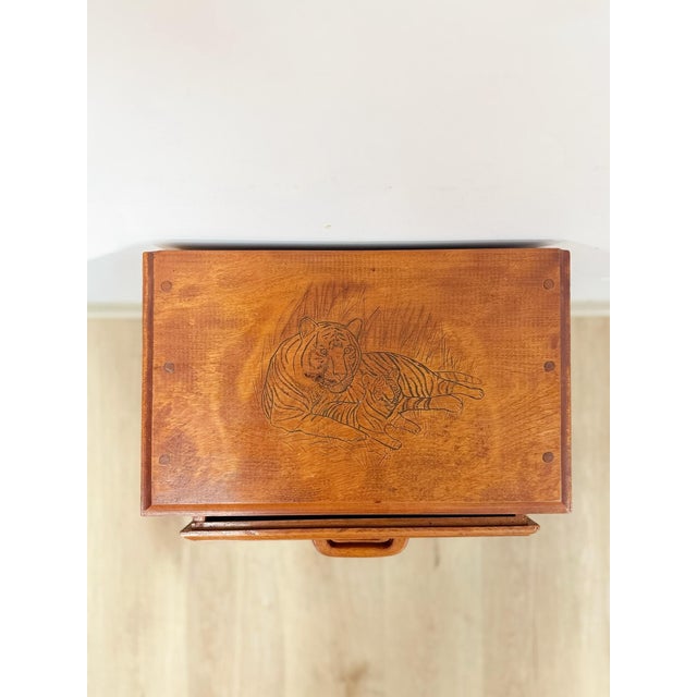 Wood Vintage Mini Dresser Tiger Engraved Top Three Drawer Transitional Primitive For Sale - Image 7 of 14
