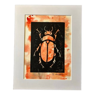 Original Hand-Carved Linocut Print Beetle With Watercolor - Citrine Variant For Sale