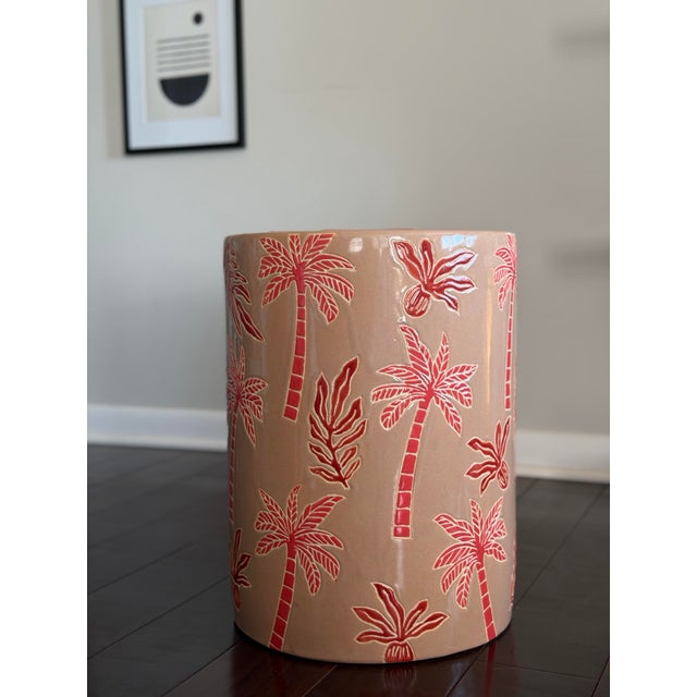 Made Goods Tropical Palm Ceramic Garden Stool in Blush & Red Gloss Glaze Indoor Outdoor Side Table For Sale - Image 11 of 12