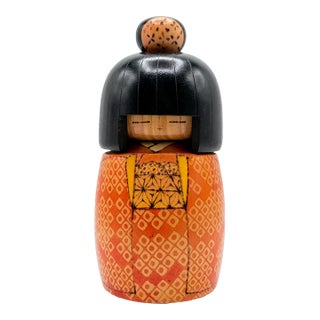 Vintage Sosaku Japanese Kokeshi Doll, Signed, Orange Geometric Kimono For Sale