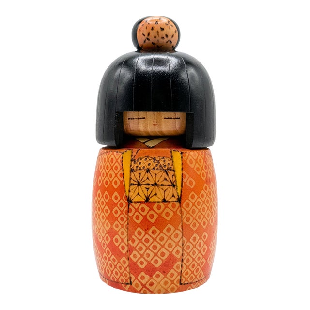 Vintage Sosaku Japanese Kokeshi Doll, Signed, Orange Geometric Kimono For Sale