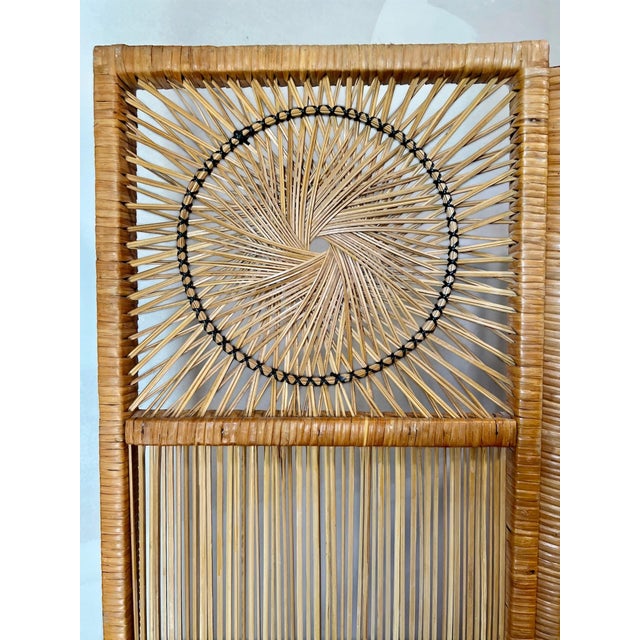 Wood Vintage Woven Rattan Sunburst Four-Panel Room Divider Screen For Sale - Image 7 of 11
