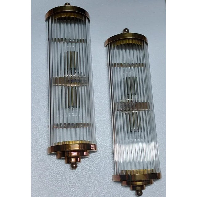 Pair Vintage Art Deco Skyscraper Wall Sconces Fixture Brass & Glass Rod Ship Light For Sale - Image 4 of 7