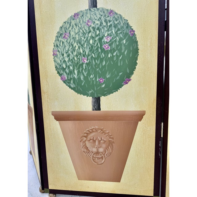 Light Yellow Hand-Painted Four Panel Wood Screen Trompe L’Oeil Topiaries For Sale - Image 8 of 11