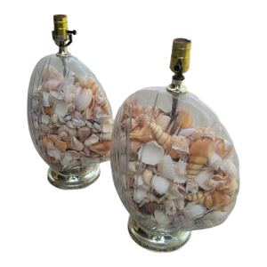 Vintage Glass Clam Shell Shape Filled With Seashells Coastal Table Lamps- A Pair