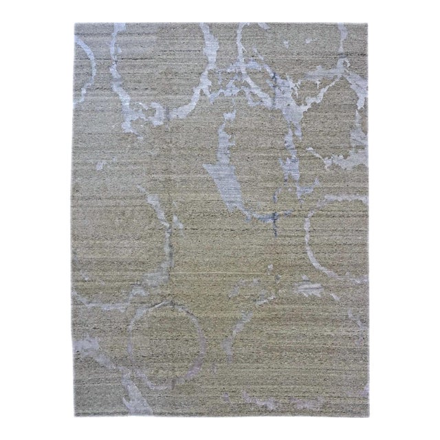 Nepalese Modern Cryptic Circles Wool & Silk 9x12 Grey & Tan Handmade Area Rug #1142344 For Sale