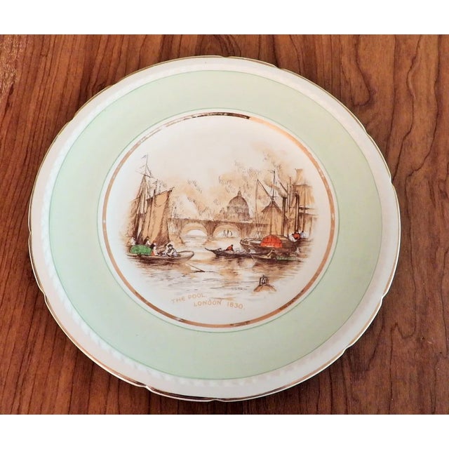 Staffordshire 1940s Swinnertons Staffordshire London Docks 1830 Green Rim Majestic Vellum Dinner Display Plate For Sale - Image 4 of 6