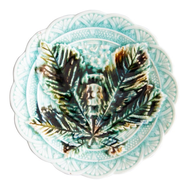 19th Century Swedish Rörstrand Majolica Turquoise Chestnut Leaf Plate For Sale
