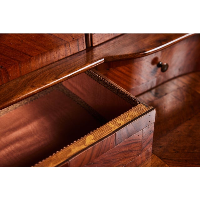 Stunning, hand carved, 18th century, parquetry inlaid and veneered, bonnet top, two-part secretary from the Emilia-Romagna...