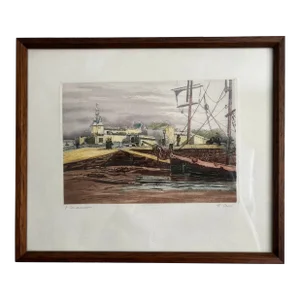 Vintage 20th Century Watercolor Painting of Port Concarneau Brittany, Framed