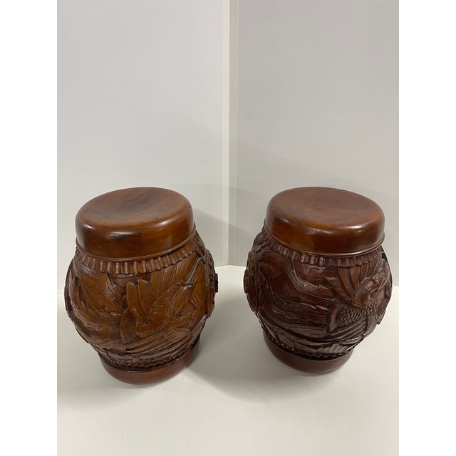 Antique Hand Carved Wooden Hollow Drum-Shaped Chinese Garden Stools—A Pair For Sale - Image 4 of 16