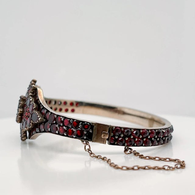 Gold Vintage Antique Bohemian Gold Filled Garnet Bangle Bracelet For Sale - Image 8 of 12