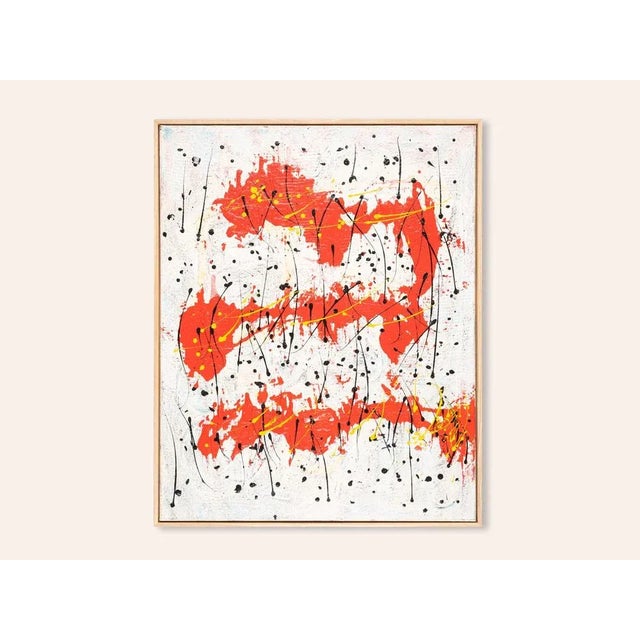 Red spots against white background with black and yellow drops. Different textural gradients and pasty spots. Oil and...