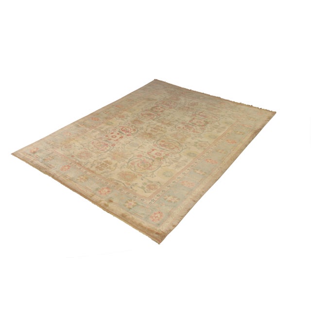 Transitional Hand Knotted Oushak Style Rug in Beige and Blue Floral Pattern For Sale - Image 3 of 5