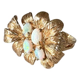 Vintage 1950s 18 Karat Gold Panetta Cocktail Ring Over Sterling Silver - Leaf Motif With Opals For Sale
