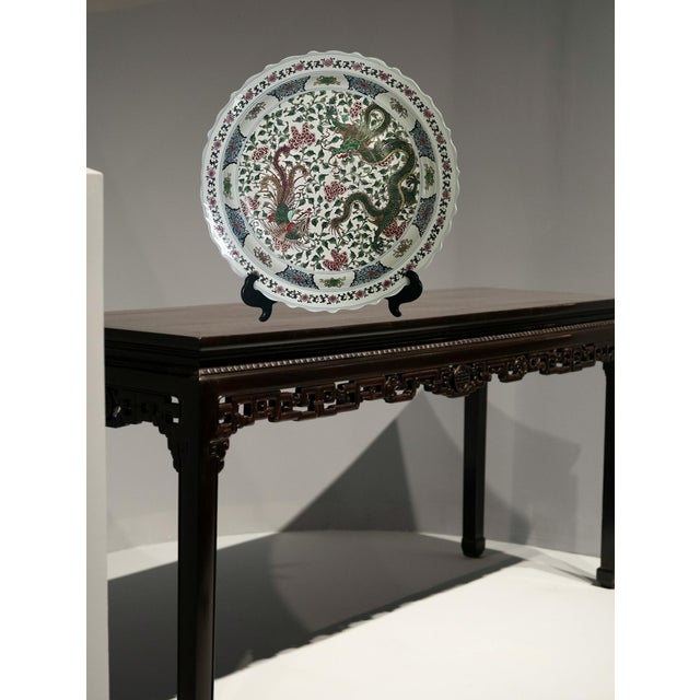 Mid 20th Century The Green Dragon & Phoenix Charger, Large Chinese Porcelain Plate / Bowl 18" With Wood Display Stand For Sale - Image 5 of 11