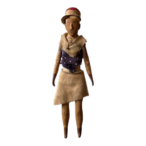 Antique Carved Wood Doll With Scrap Fabric Clothing, Circa Early 20th Century