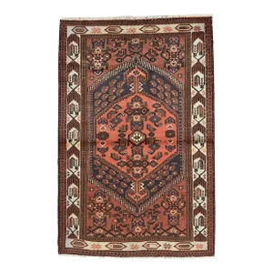 Hamedan Rug 4'4'' X 6'7'' Red Wool Vintage Tribal Hand-Knotted Oriental Carpet