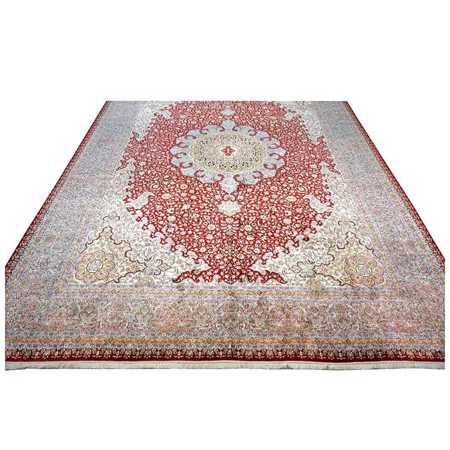 Vintage Kashmiri Tabriz Silk 9x12 Red, Ivory & Light Blue Handmade Area Rug #1144057 For Sale In Houston - Image 6 of 15
