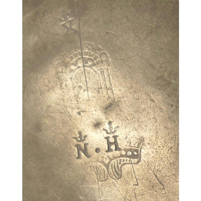 Silver Antique Pewter Chargers Embossed with Crown Over D, Set of 5 For Sale - Image 8 of 9