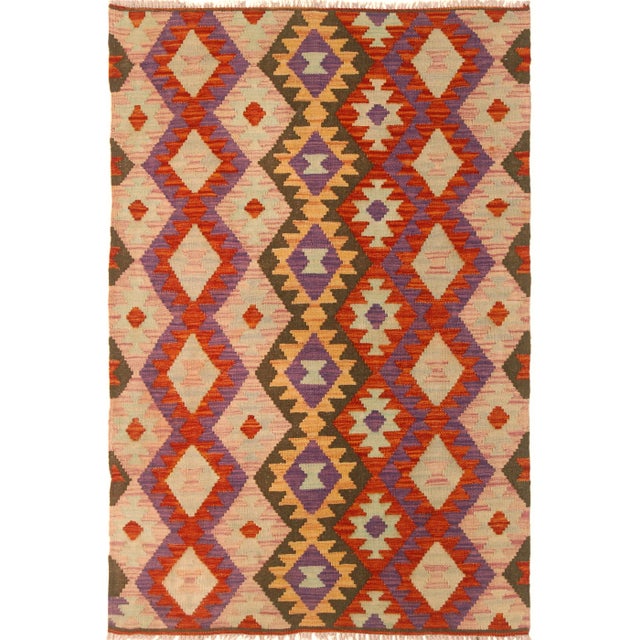 Brown Shabby Chic Abstract Kilim Red Pink Wool Rug - 3'5" X 5'1" For Sale - Image 8 of 8