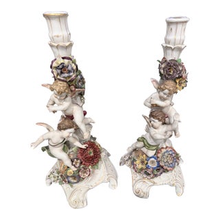 Von Schierholz Handmalerei Dresden Cherub Putti Flower Candle Holders-Pair For Sale