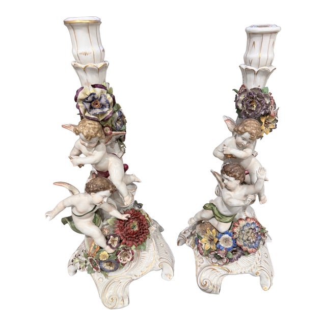 Von Schierholz Handmalerei Dresden Cherub Putti Flower Candle Holders-Pair For Sale