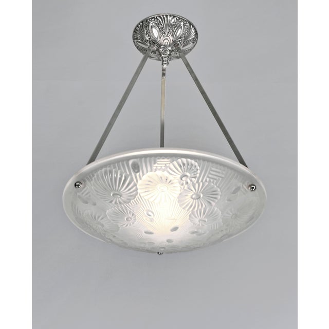 DAUM Lorrain - Pierre d'Avesn A rare French 1930 art deco chandelier in nickel plated solid brass or bronze holding a bowl...