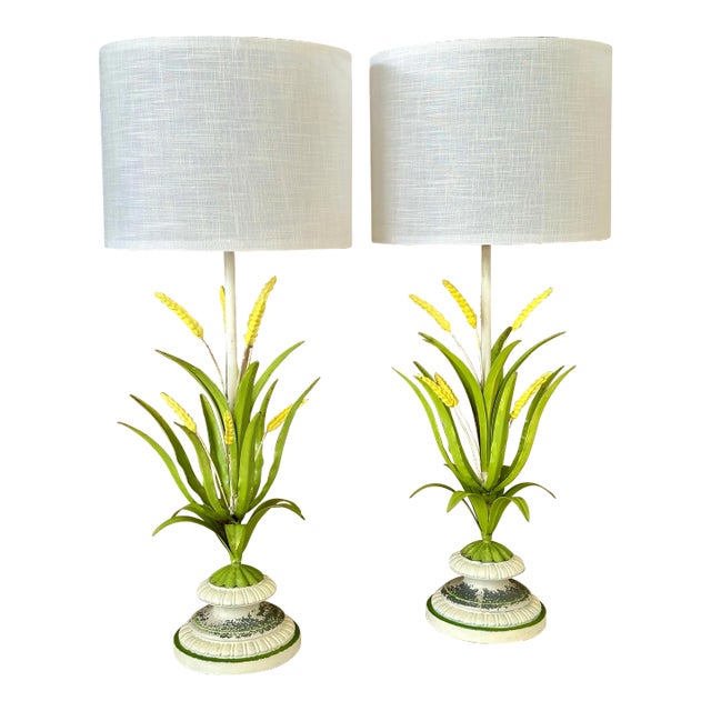 1950’s Regency Metal Tole Painted Wheat Table Lamps-Pair For Sale
