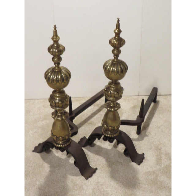 Traditional Antique Brass & Iron Andirons - a Pair With Iron Dogs For Sale - Image 3 of 11