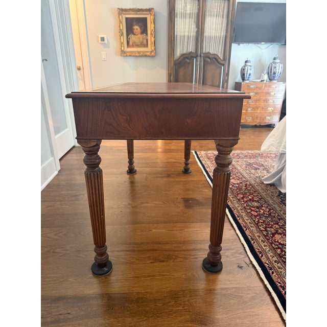 Chestnut Vintage Regency-Style Figured Yew & Tooled Leather Writing Desk For Sale - Image 8 of 10