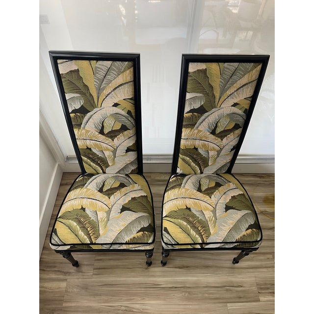 Wood Mid 20th Century High Back Chairs in Palm Print - Set of 2 For Sale - Image 7 of 10