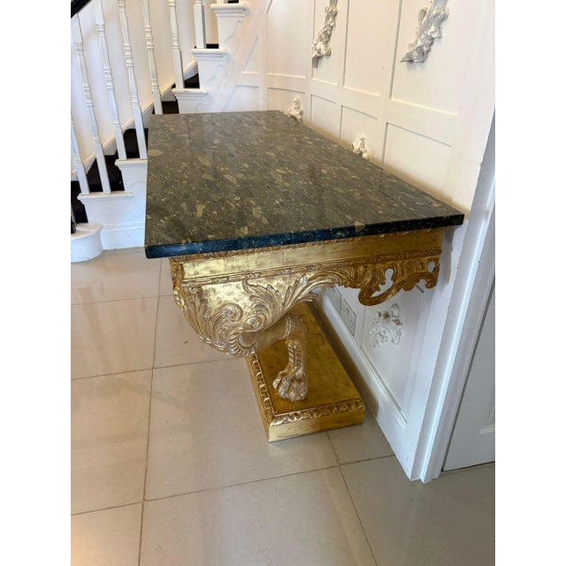 Antique Baroque Revival Italian Giltwood Console Tables with Breccia Marble Tops and Lion's Paw Supports, 1850s, Set of 2 For Sale - Image 6 of 15
