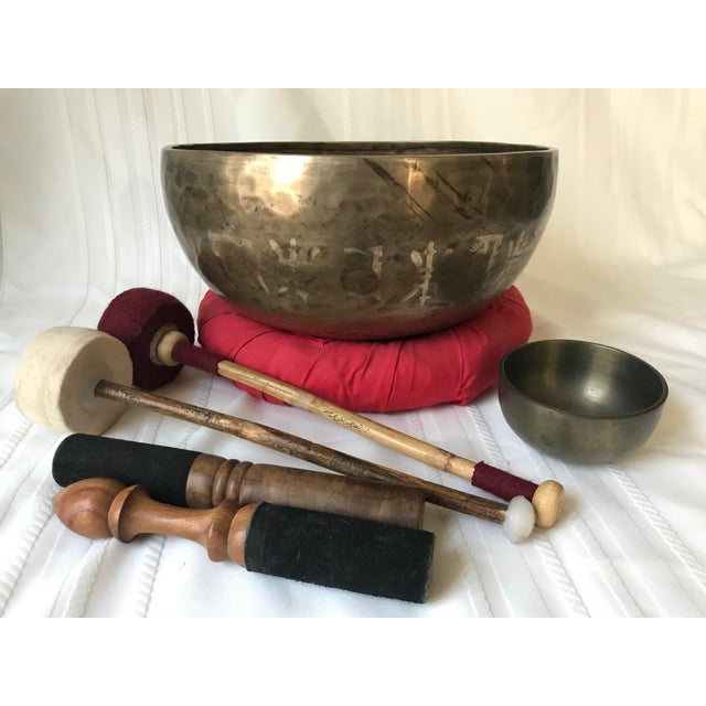 1970s Brass Tibetan Standing Bell Singing Bowl Set & Accessories Set