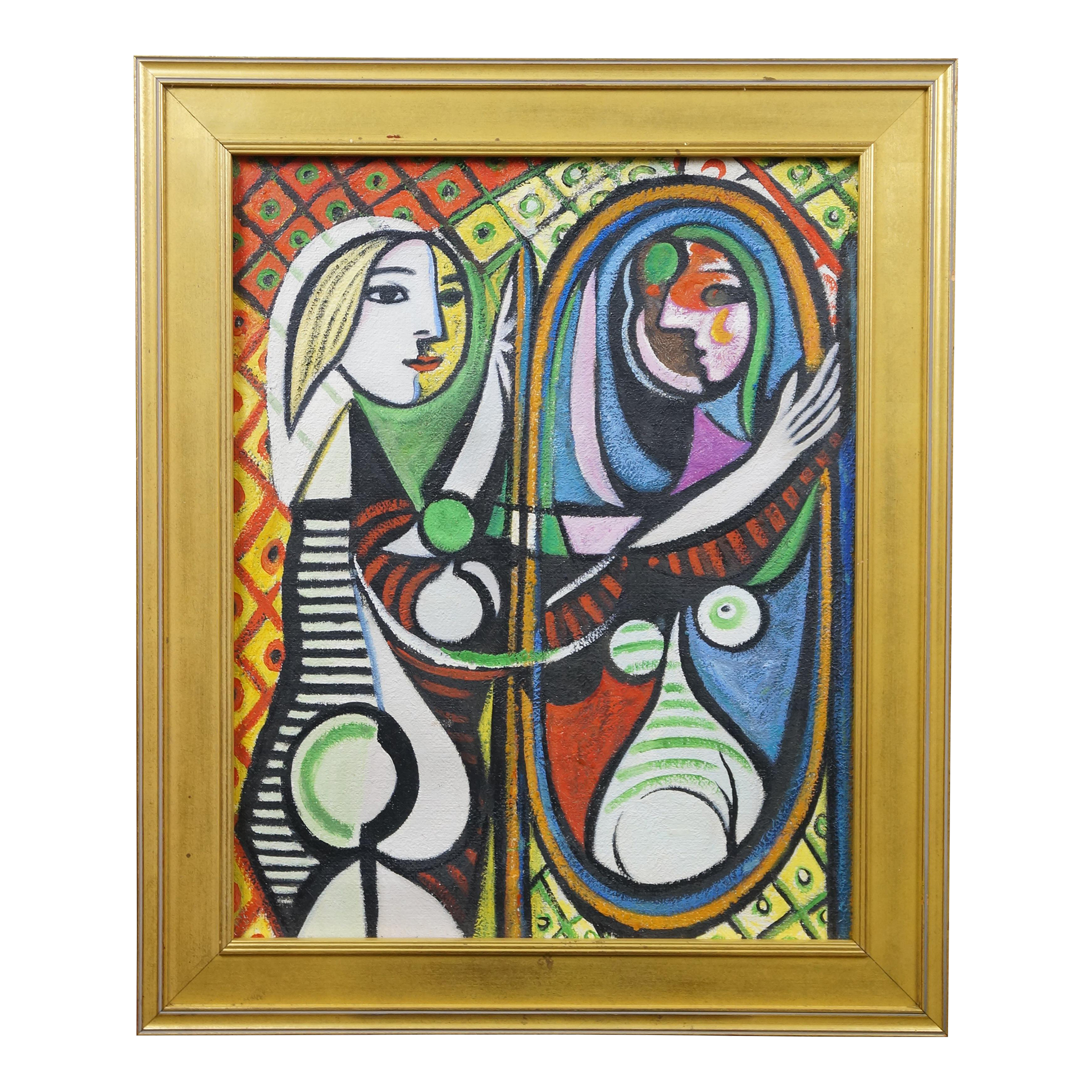 Late 20th Century Girl Before a Mirror Oil Painting After Pablo