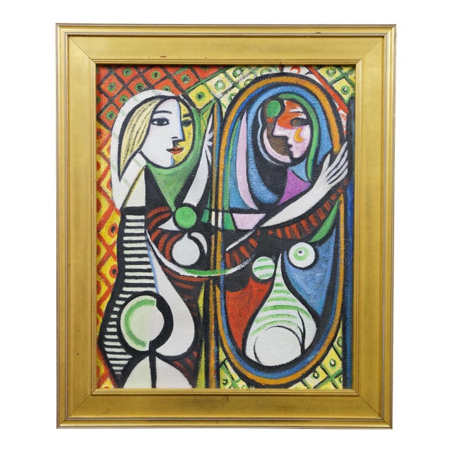 Late 20th Century Girl Before a Mirror Oil Painting After Pablo Picasso Cubism Canvas Framed 25" For Sale