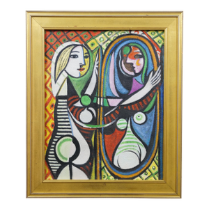 Late 20th Century Girl Before a Mirror Oil Painting After Pablo Picasso Cubism Canvas Framed 25"