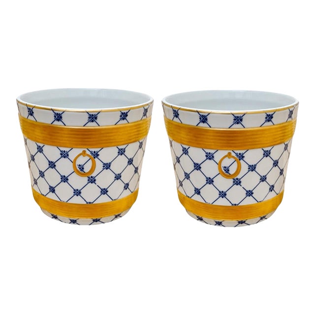 1960s Louis XVI Style Blue & White 24 K Gold Mangani Cachepots - a Pair For Sale