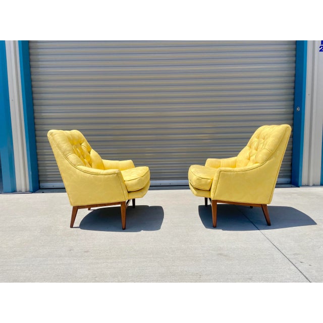 Yellow Mid-Century Tufted Walnut Lounge Chairs Styled After Monteverdi Young- A Pair For Sale - Image 8 of 13