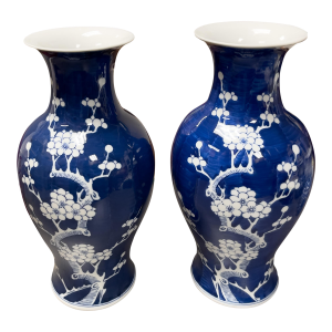 Vintage Chinese Blue & White Porcelain Pair of Floral Cherry Blossom-Plum Vases
