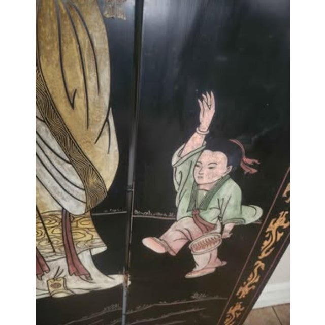 Large Antique 7' Chinese 6-Panel Lacquer Folding Screen – Sanxing Three Star Gods– Hand Painted/Gilt For Sale - Image 4 of 9