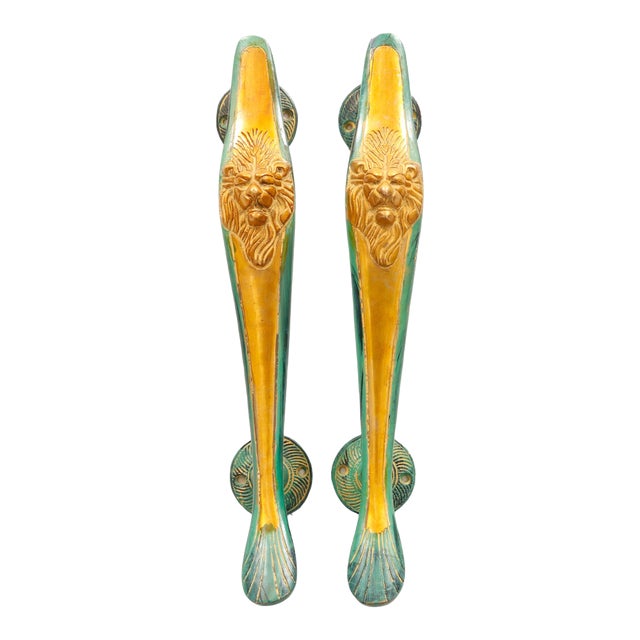 Brass Lion's Head Door Handles - a Pair For Sale